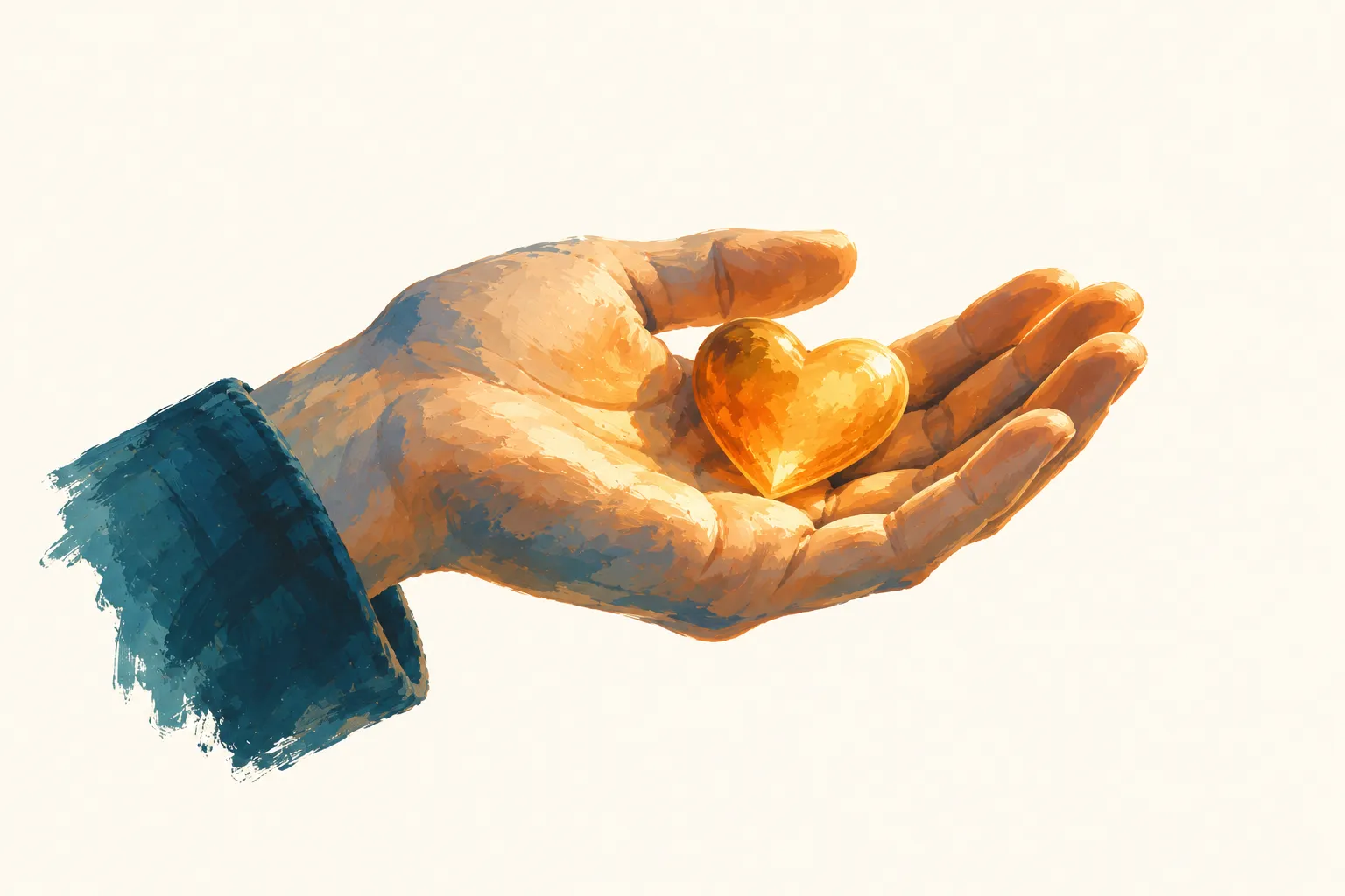 An open hand gently holding a small glowing amber heart.