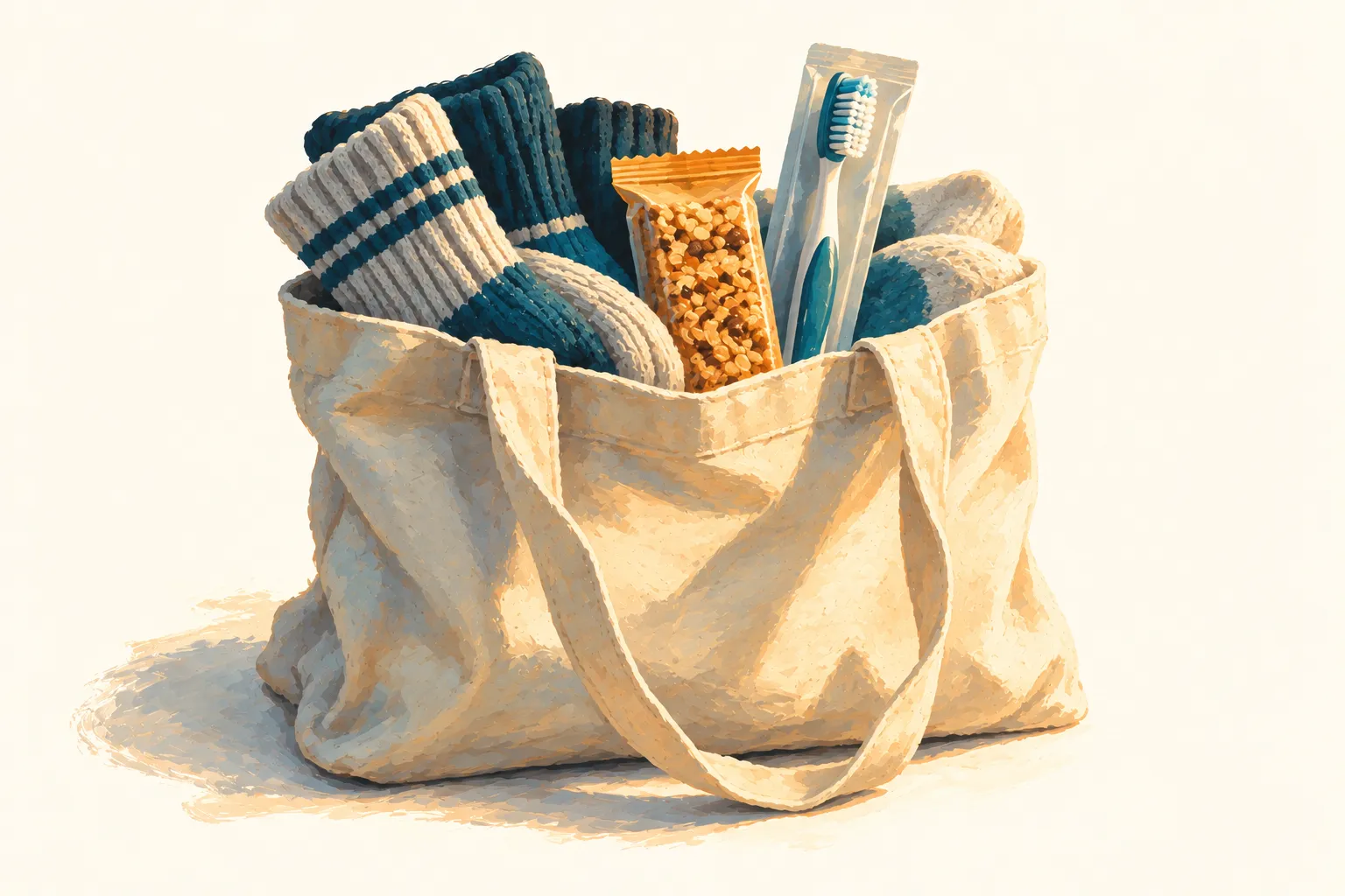 A canvas tote bag filled with new socks, a toothbrush, and a granola bar.