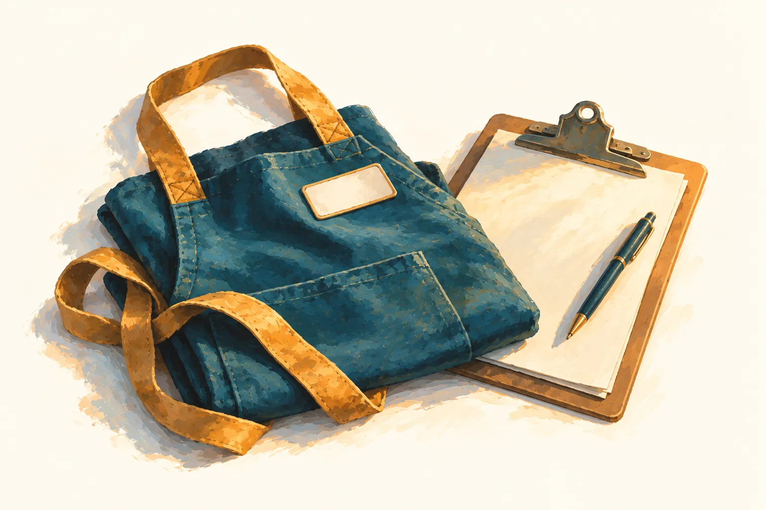 A folded volunteer apron with a blank name tag, beside a clipboard and pen.
