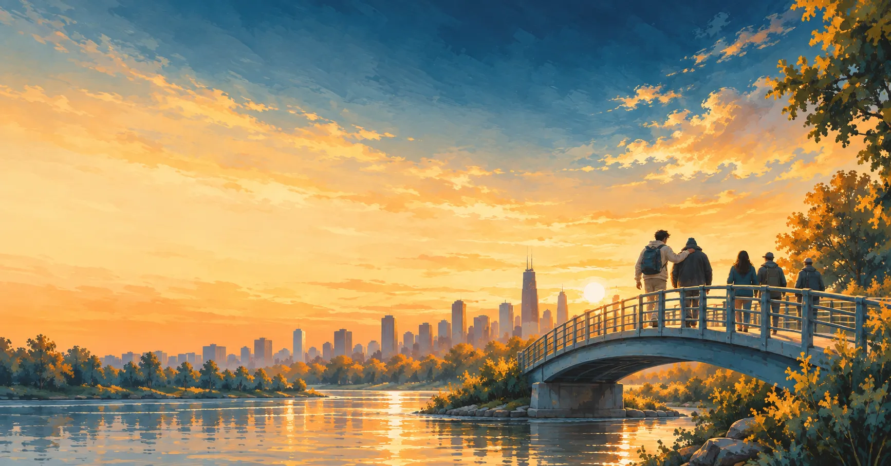 A small group of people walking together across a footbridge toward a golden sunset over the river and city.