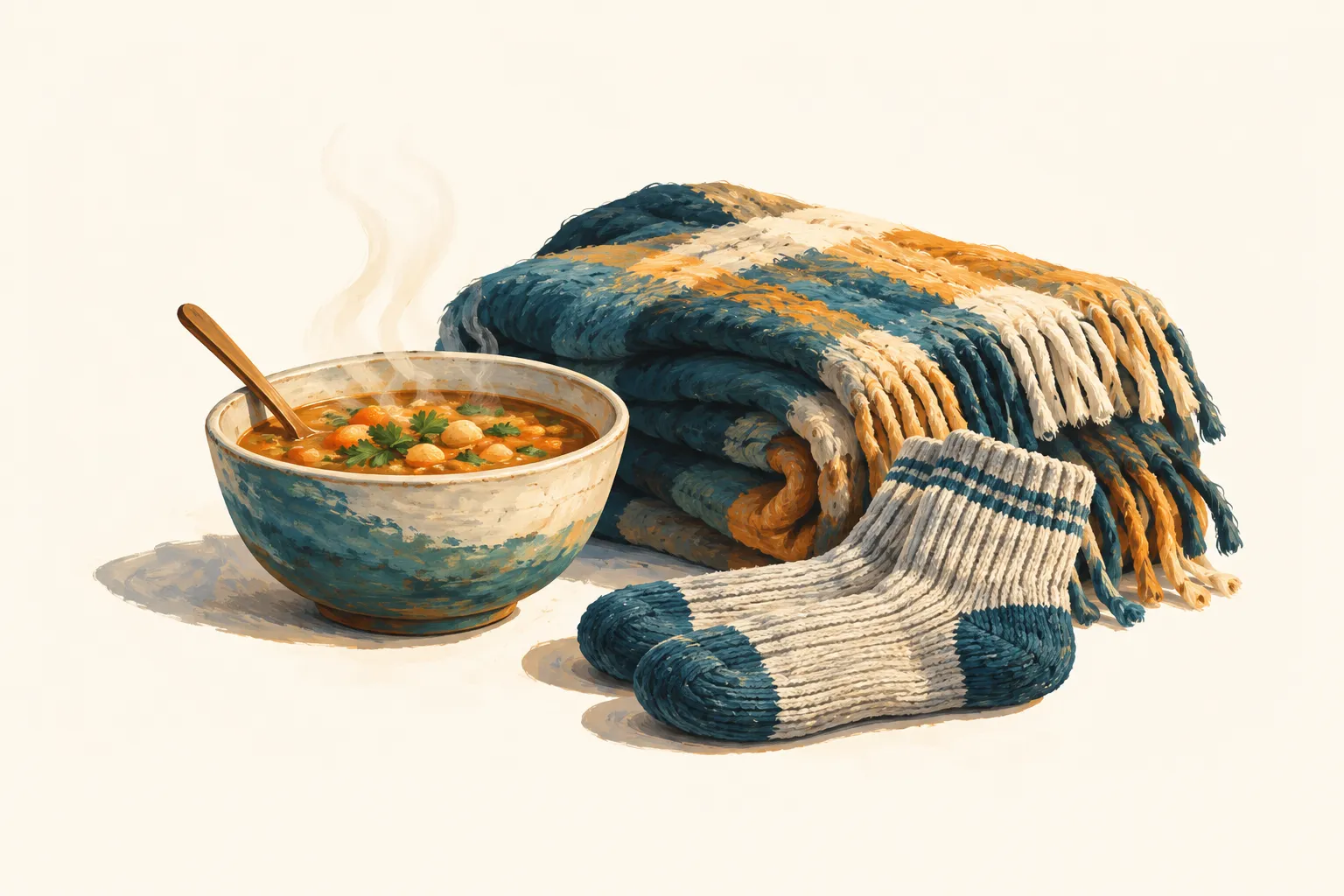 A bowl of warm soup beside a folded wool blanket and a pair of new socks.