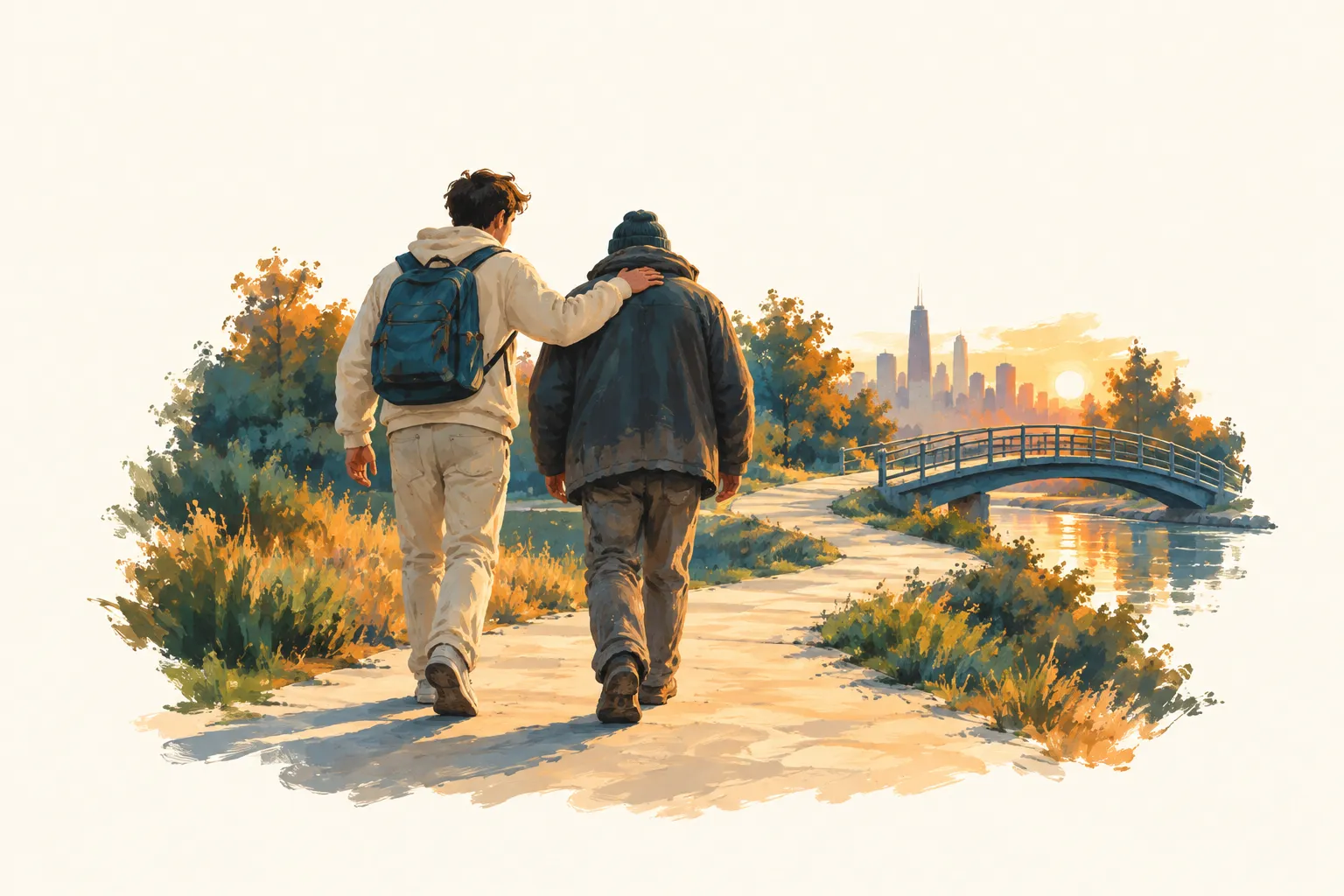 Two people walking side by side along a riverside path, one with an arm around the other’s shoulder.