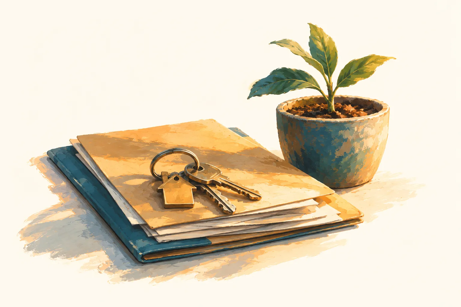 A set of house keys resting on a folder of papers next to a small potted plant.